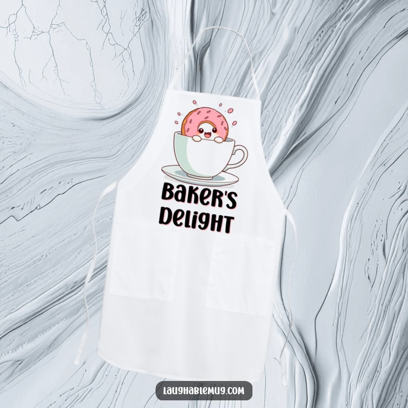 Funny Kawaii Donut Teacup Dive Apron: A cute donut character dives into a teacup, adding sweet humor to kitchen activities.