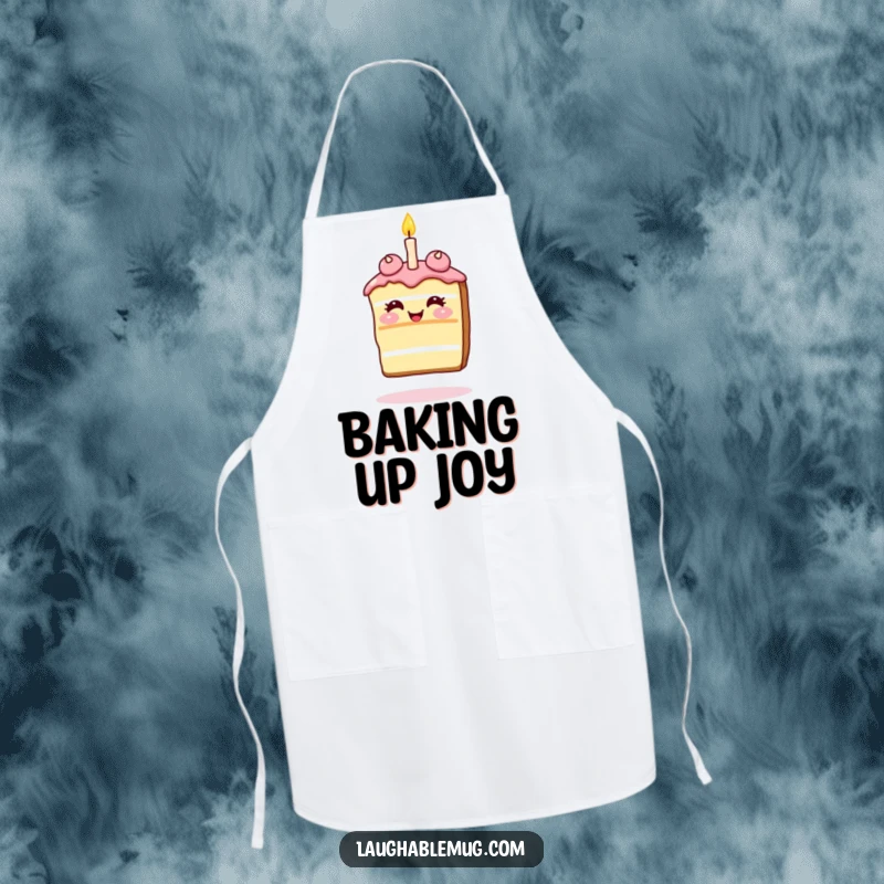 Funny Apron: Giggling slice of cake balancing a single candle on its nose, a humorous and practical baking accessory.