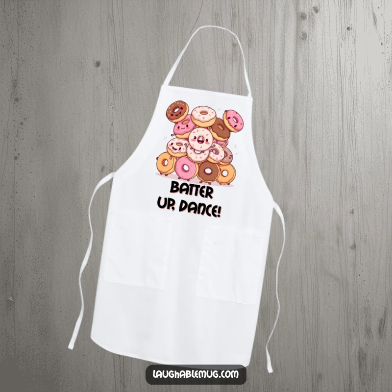 Funny apron: Donuts hilariously attempting synchronized dance moves, designed for chefs who cook with a sense of fun.