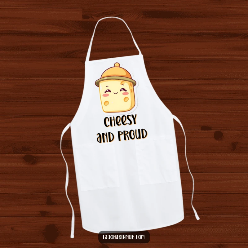 Funny apron with a smiling cheese slice wearing a tiny hat, perfect for adding cheer to cooking.