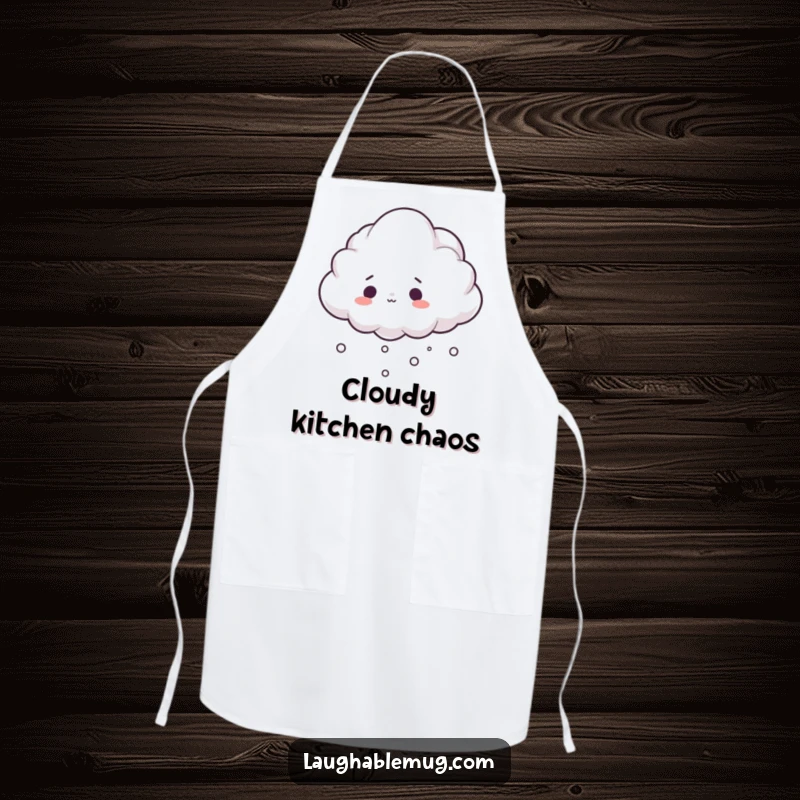 Funny apron depicting a fluffy cloud comically tripping over its mist, perfect for kitchen fun.