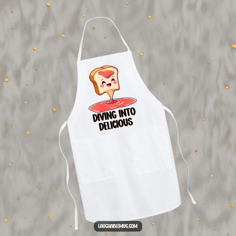 Funny apron showing a happy toast slice diving into a jam pool, ideal for humorous kitchen activities.