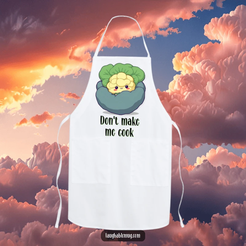 Funny Shy Broccoli Apron: A cute apron showing a shy broccoli floret character hiding behind a bigger vegetable, ideal for kitchen use.
