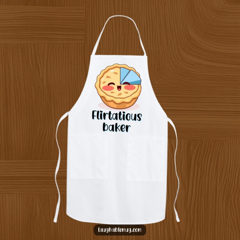 Funny apron depicting a blushing apple pie winking at a pie chart, designed for kitchen use and adding whimsical dessert-themed humor.