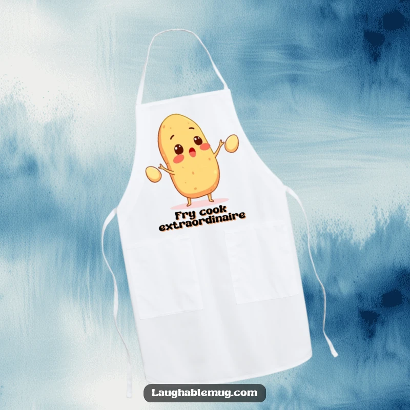 Funny apron featuring a surprised potato juggling eggs, offering kitchen protection with amusing flair, a practical and charming funny gift.