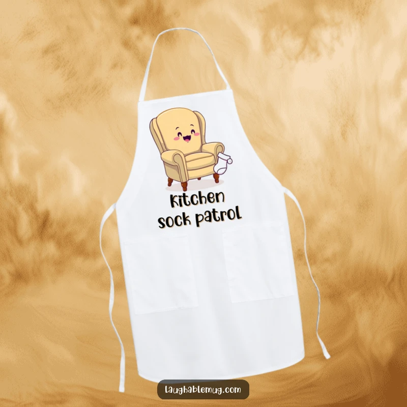 Funny apron depicting an armchair in a comical pursuit of a runaway sock, designed for kitchen use and adding humor to chores.