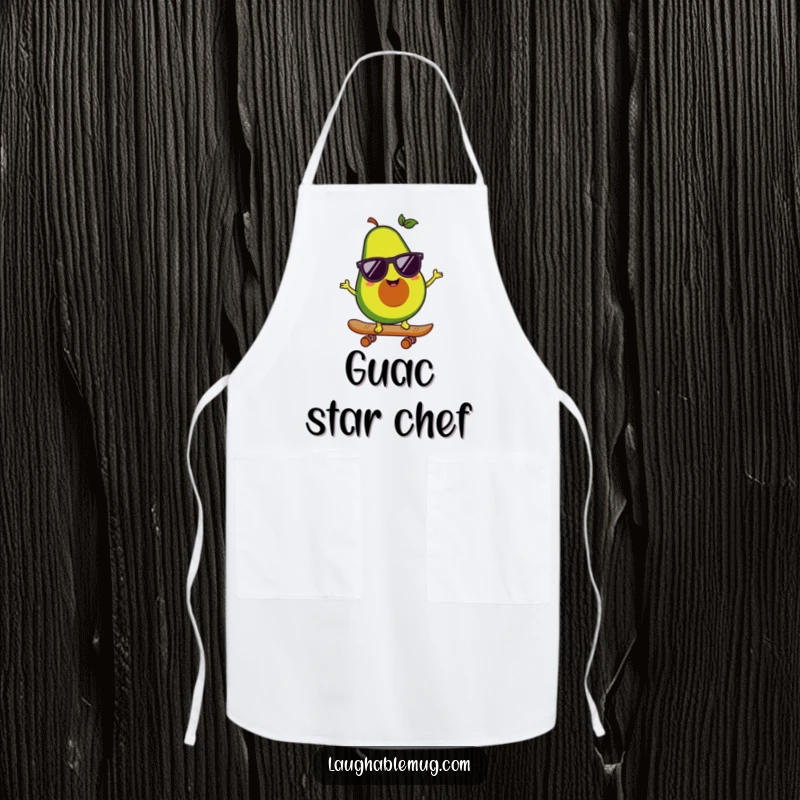 Funny apron featuring a happy avocado character in sunglasses riding a skateboard, ready for cool and humorous culinary adventures.