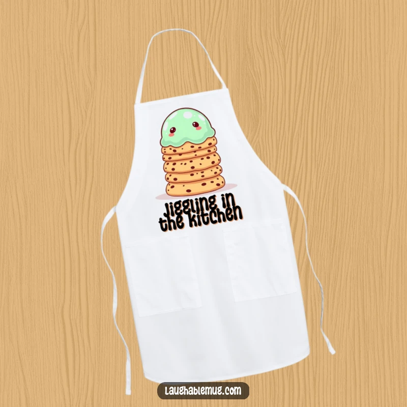 Funny apron featuring a wobbly jelly balancing cookies, designed for kitchen fun and protection.