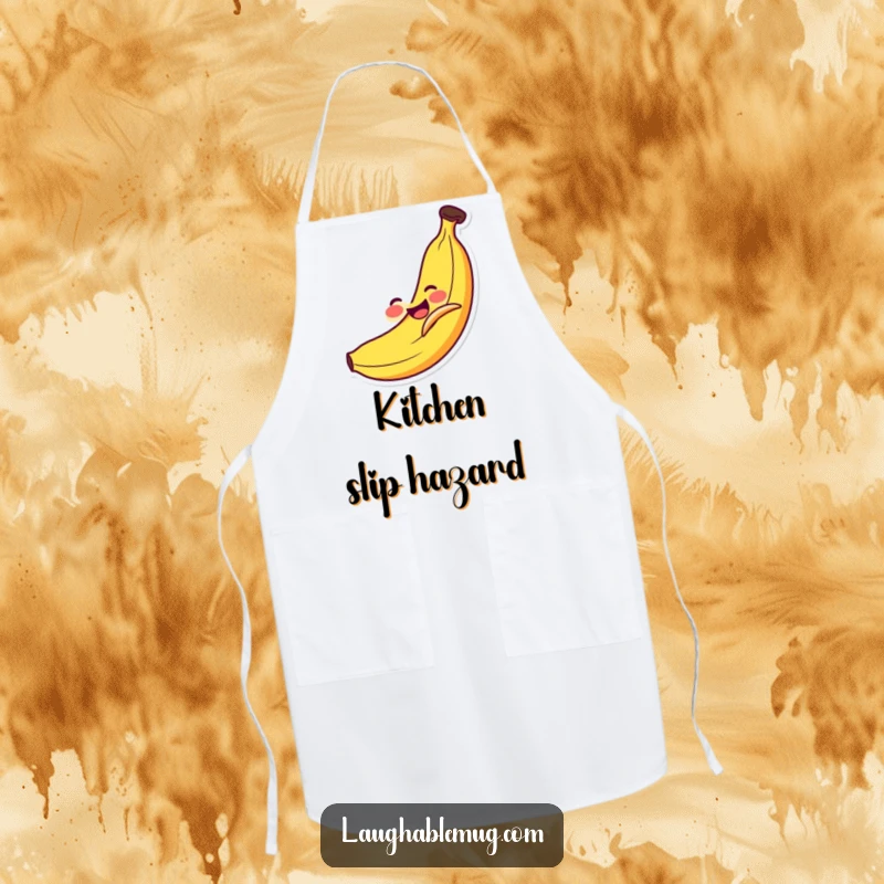 Funny Apron: Smiling banana comically slipping on its own peel, a humorous and practical accessory for cooking.