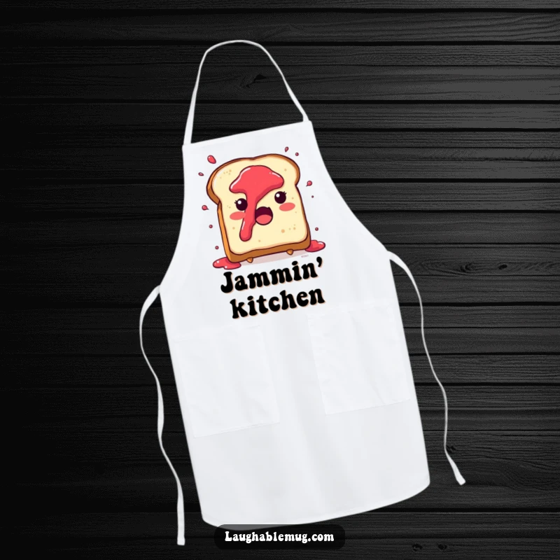 Funny apron with a cute toast character experiencing a surprise jam splatter, ideal for kitchen protection.
