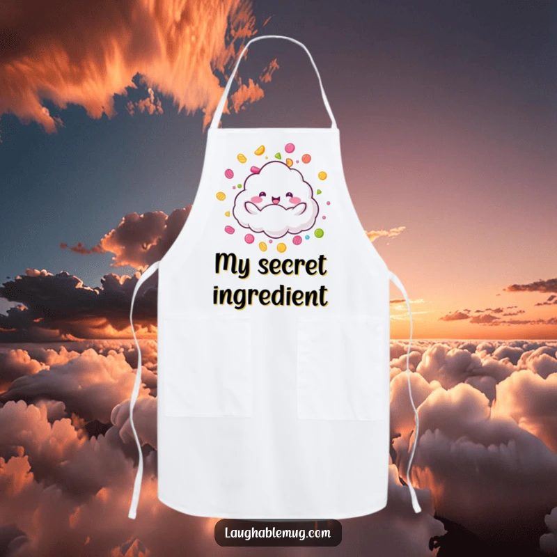 Funny Candy Rain Cloud Apron: A fluffy cloud character joyfully raining colorful candy, a delightful funny gift.