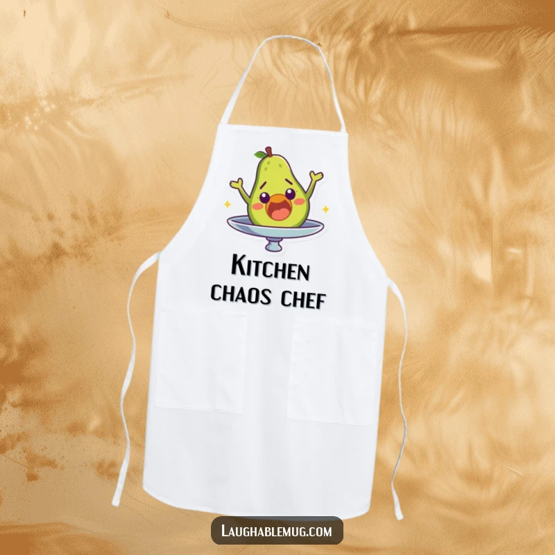 Funny apron with a surprised avocado character comically falling off a spinning plate, ideal for kitchen protection.