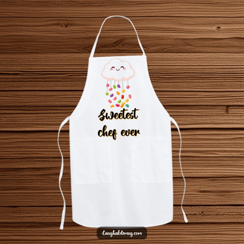 Funny apron: A smiling cloud joyfully raining colorful jelly beans, designed for cooks who add sweetness and fun to their meals.