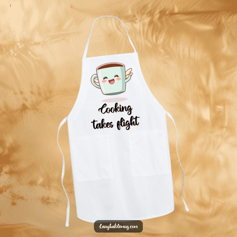 Funny apron with a happy coffee mug character attempting to fly with tiny wings, perfect for coffee brewing protection.