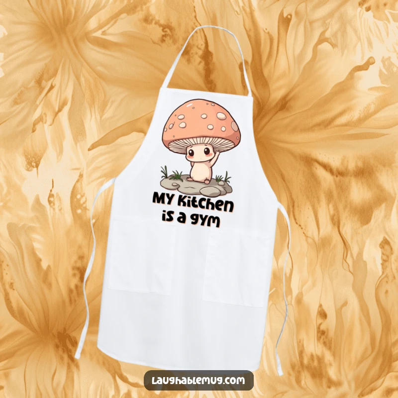 Funny Apron: A determined mushroom trying to lift an oversized pebble, a humorous kitchen accessory for brave cooks.