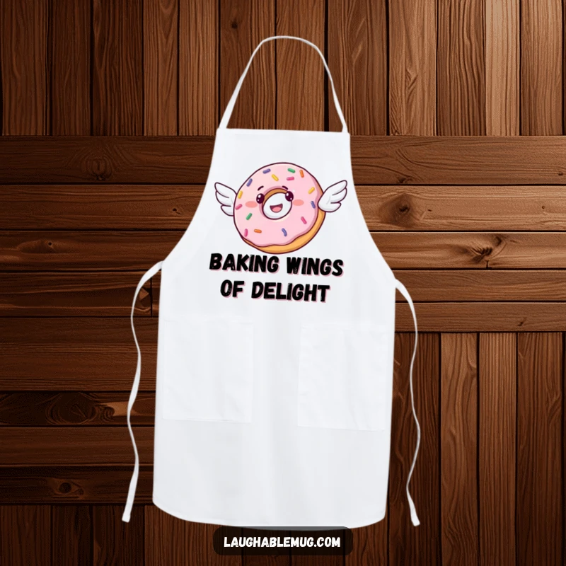 Funny apron illustrating a happy donut with tiny wings, ready to fly, decorated with sprinkles, perfect for baking.