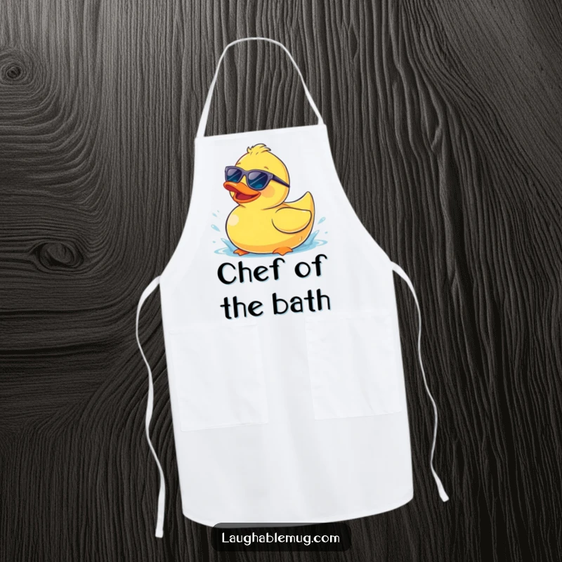 Funny apron showing a happy rubber ducky wearing sunglasses, splashing playfully, for fun kitchen tasks.