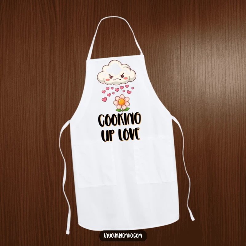 Funny apron featuring a grumpy cloud raining hearts on a flower, designed for gardening and kitchen fun.