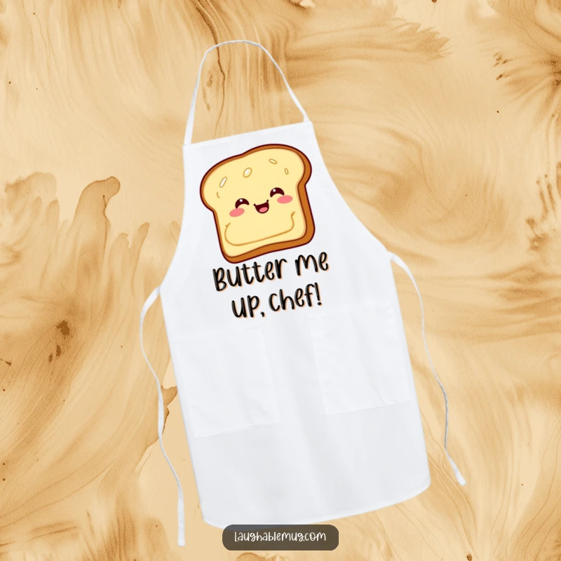 Funny Apron: A giggling piece of toast with butter sliding backward, a humorous kitchen accessory for cooking.