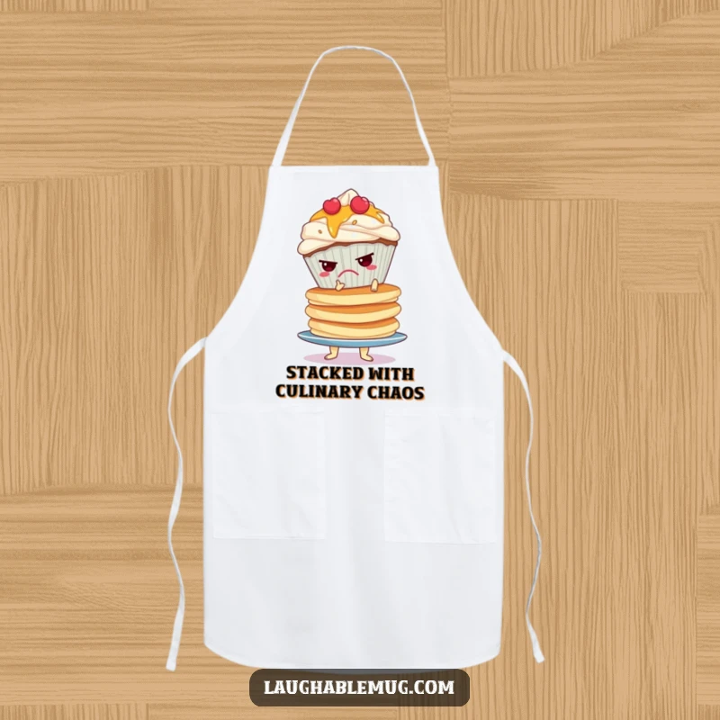 Funny apron illustrating a grumpy cupcake balancing a tall, wobbly stack of pancakes, perfect for kitchen protection and humor.