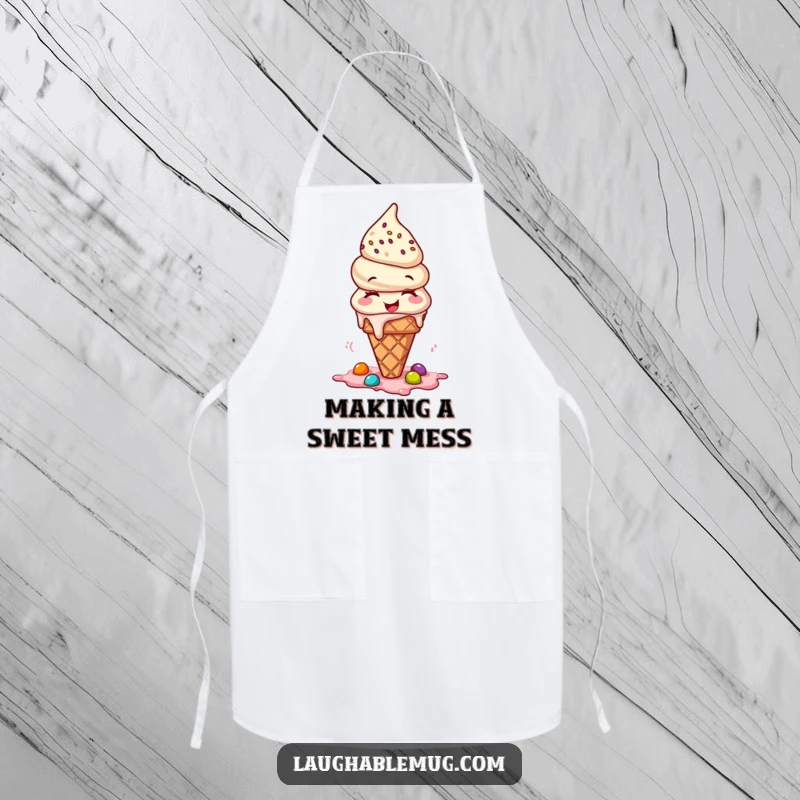 Funny apron featuring a giggling ice cream cone with toppings spilling, ideal for kitchen fun.