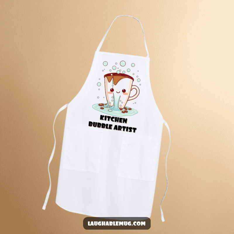 Funny Kawaii apron showing a coffee cup character spilling a waterfall of cheerful bubbles, perfect for kitchen fun.