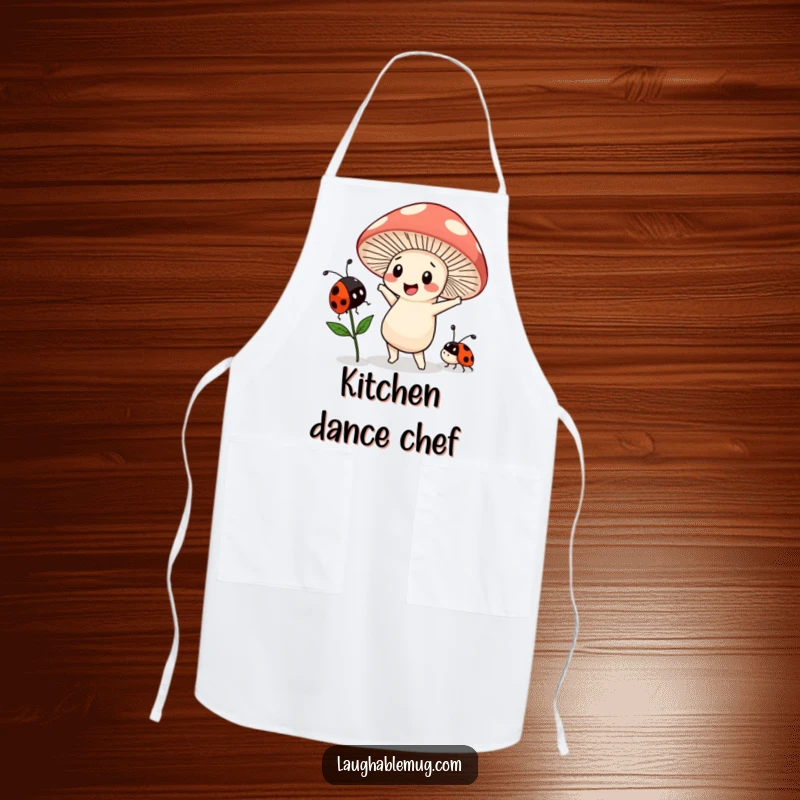 Funny Kawaii apron showing a mushroom character doing a goofy dance with a bewildered ladybug, perfect for kitchen fun.