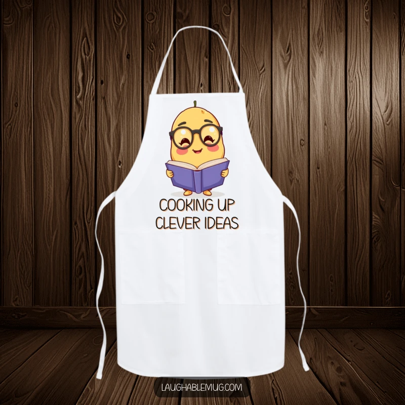 Funny Potato Scholar Apron: A smart potato character with glasses is shown reading a book while wearing a chef's apron, ready for kitchen fun.