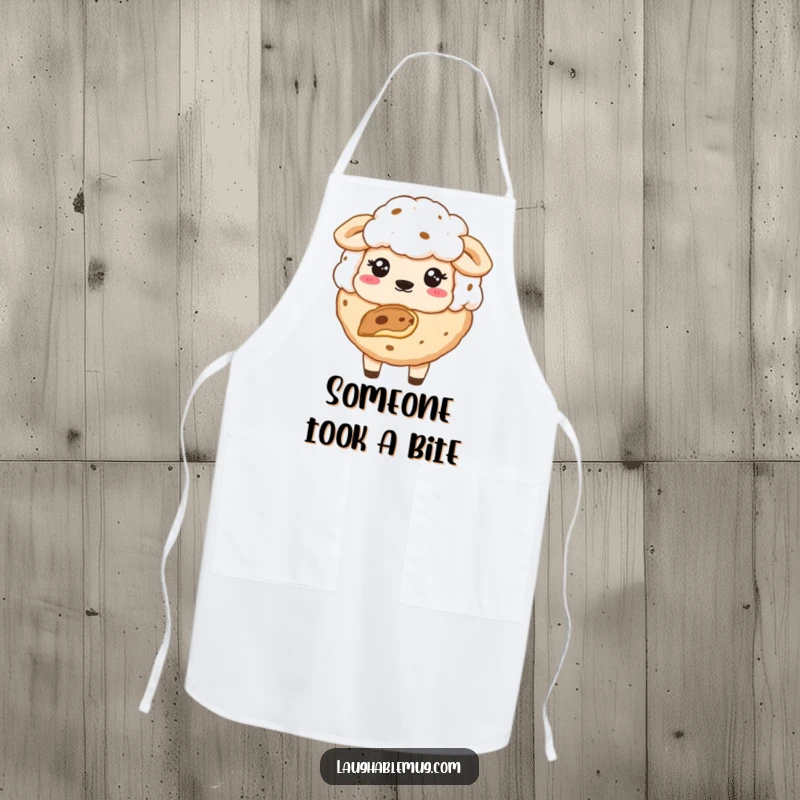 Funny apron showing a sheepish cookie with a bite missing, ideal for kitchen fun and protection.