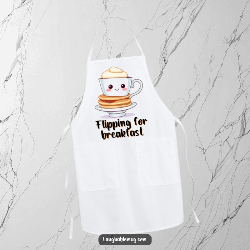 Funny Teacup Pancake Apron: A cheerful teacup character balancing pancakes, designed for kitchen fun and delightful meal preparation.