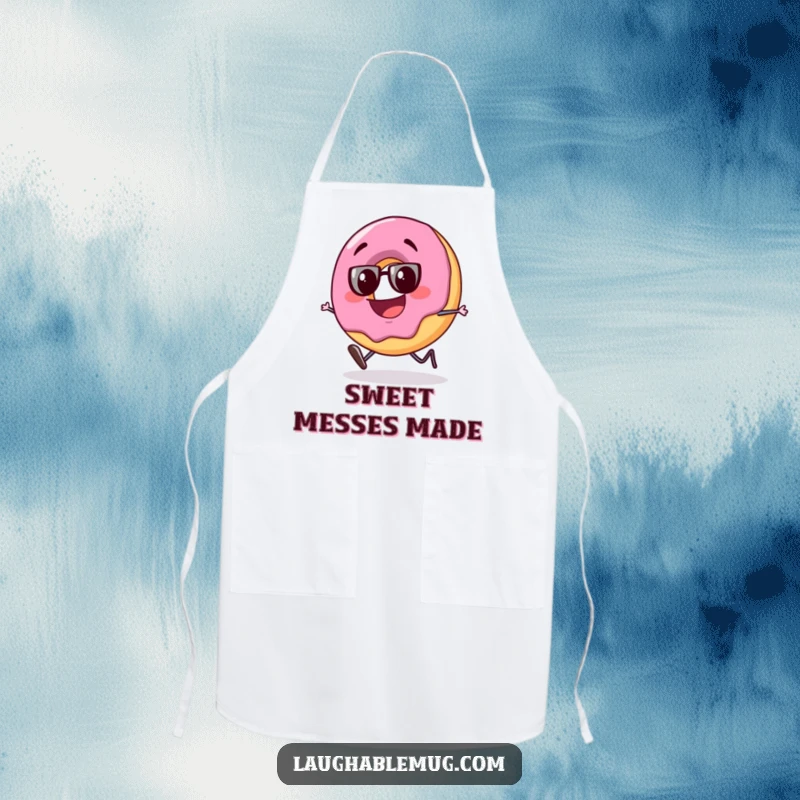 Funny apron featuring a slightly tipsy donut character stumbling with a big, goofy grin, perfect for humorous baking sessions.