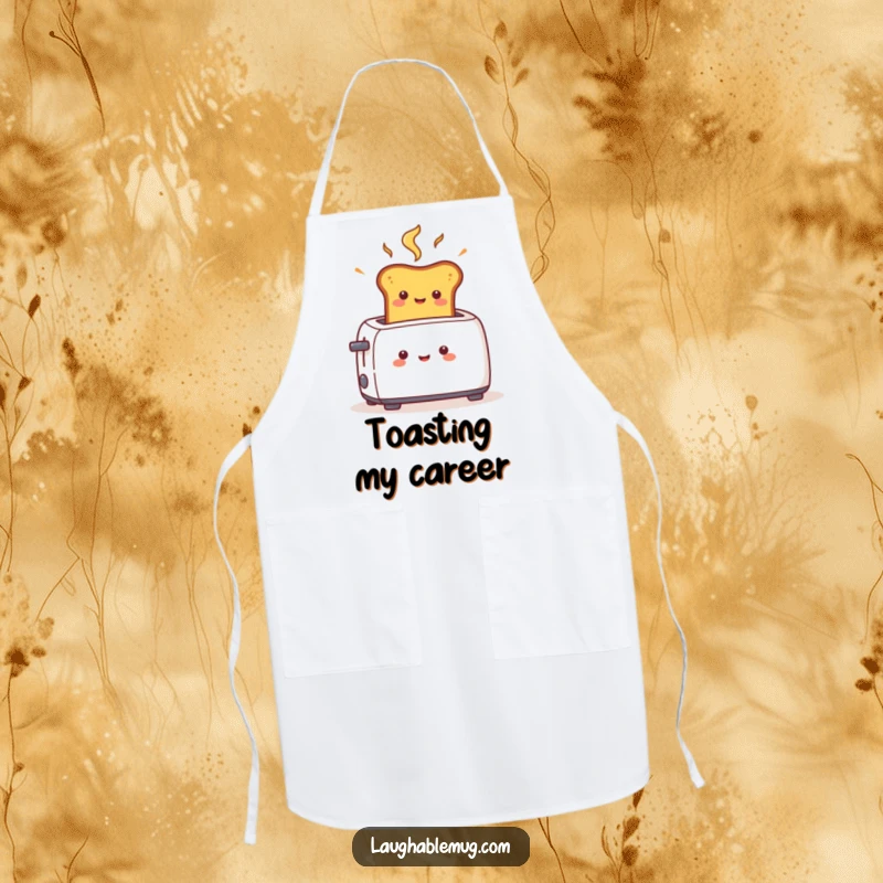 Funny apron showing a cheerful toast character popping quickly from a toaster, ideal for speedy and humorous cooking sessions.