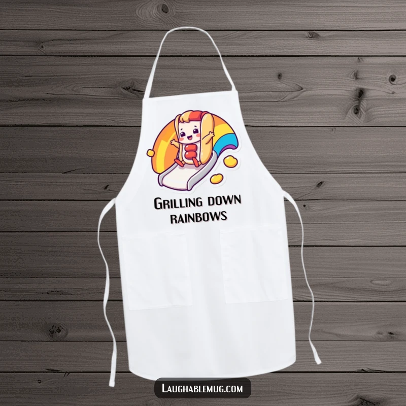 Funny apron featuring a happy hot dog character sliding down a rainbow slide, perfect for fun chefs.