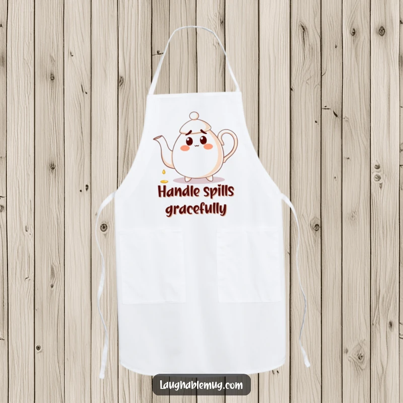 Funny Apron: A surprised teapot pours tea onto its handle, bringing a humorous and charming touch to cooking or serving.