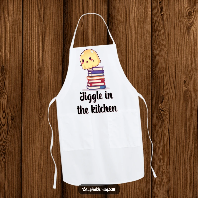 Funny Apron: Wobbly jelly trying to balance precariously on a stack of books, a humorous and practical cooking accessory.
