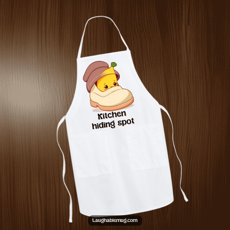 Funny apron featuring a shy banana character peeking from behind a giant shoe, perfect for quirky chefs.