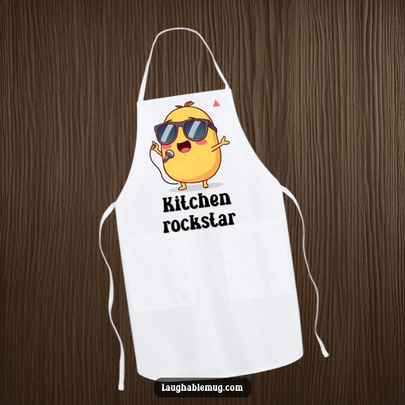 Funny apron showing a singing potato wearing tiny sunglasses, performing with enthusiastic flair.