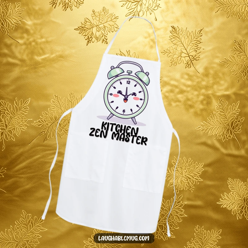 Funny apron featuring a beaming alarm clock in a yoga pose, ready for kitchen duty with calm energy.