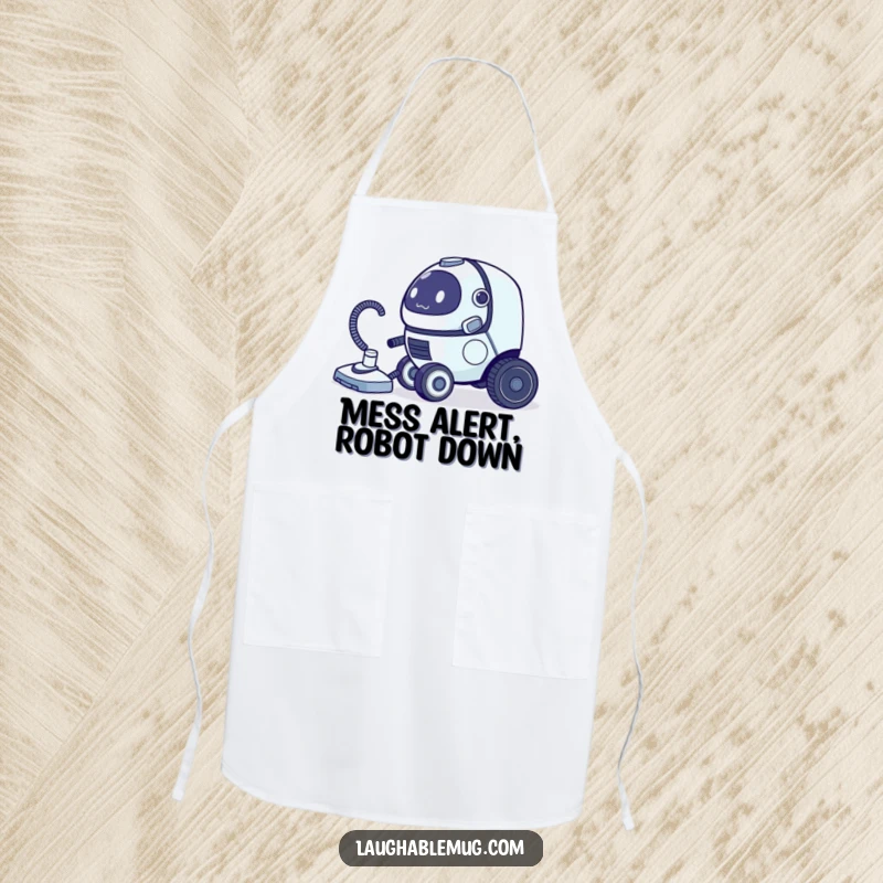 Funny apron featuring a clumsy robot vacuum cleaner chasing its tail, ready for kitchen duty.