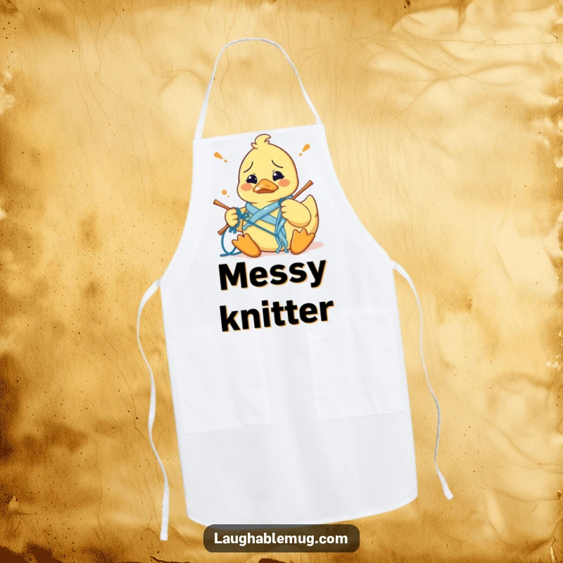 Funny apron depicting a confused rubber duck comically tangled in knitting yarn, designed for crafters, adding playful humor to projects.