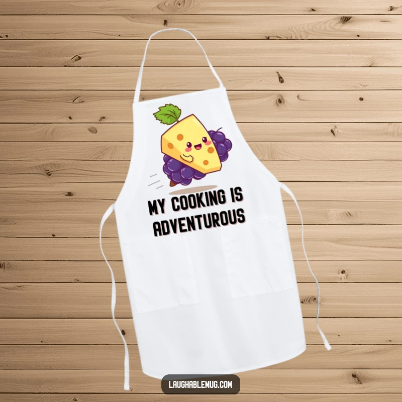 Funny apron adorned with a playful slice of cheese attempting to ride a runaway grape, perfect for kitchen fun and food lovers.
