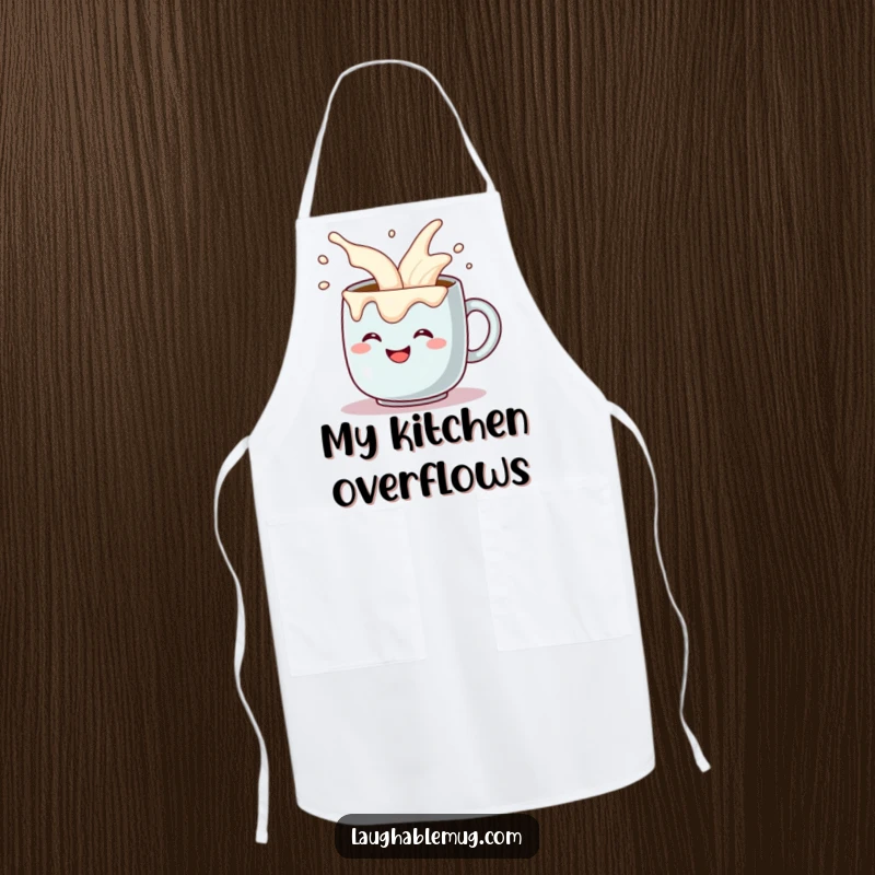 Funny apron showing a grinning coffee mug comically pouring itself extra cream overflow, perfect for kitchen humor. A great funny gift.