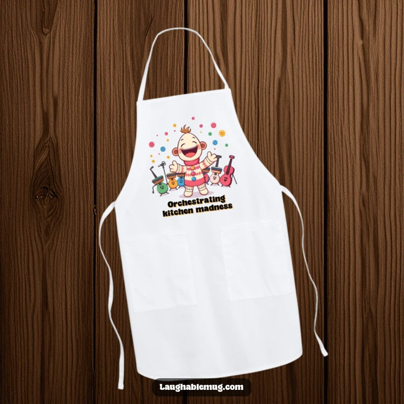 Funny apron adorned with a cheerful sock puppet conducting a button orchestra, perfect for kitchen fun and musical chefs.