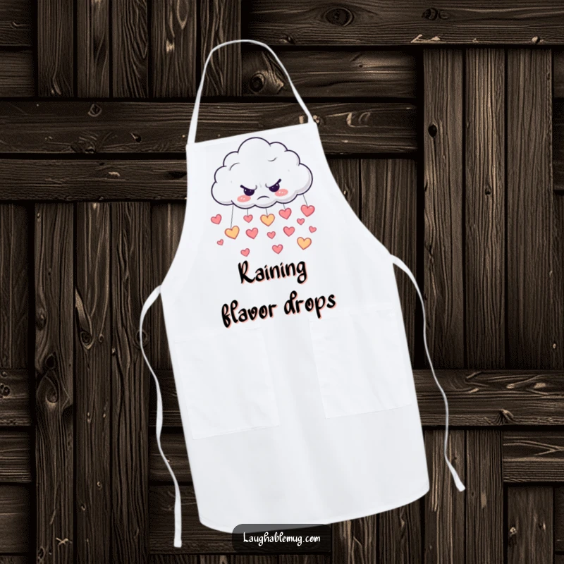Funny apron showing a grumpy cloud raining happy little hearts, great for kitchen fun.