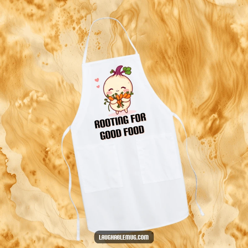 Funny Apron: A shy turnip blushes while holding a small bouquet of carrots, ready for kitchen duties with sweetness.