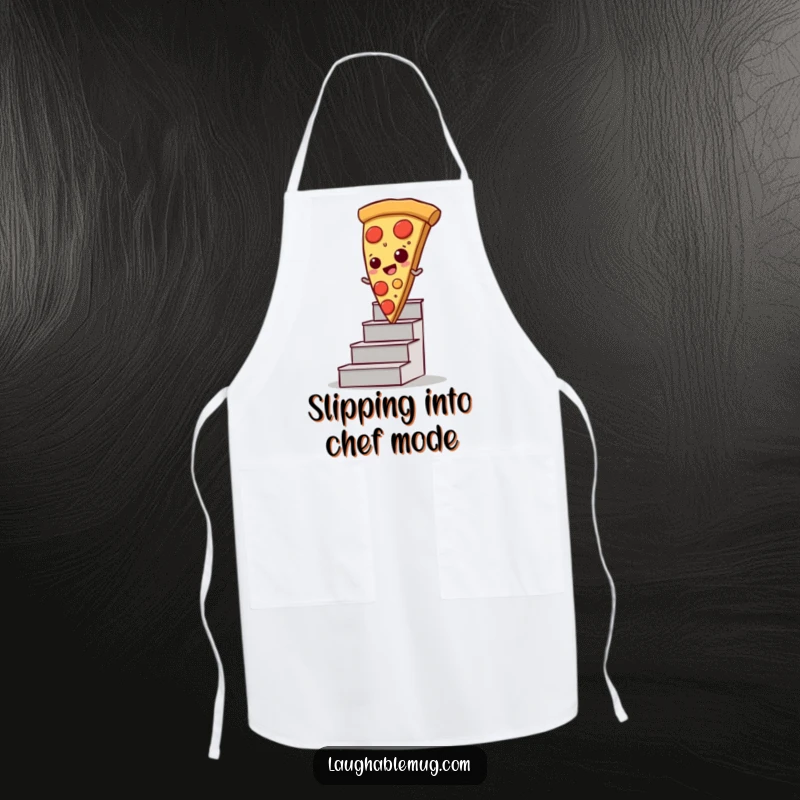 Funny apron depicting a slice of pizza comically sliding down a staircase, perfect for kitchen fun.