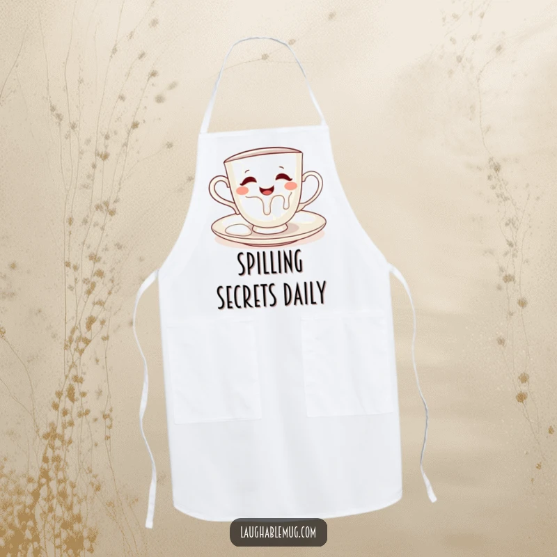 Funny apron depicting a teacup naughty pouring milk on its saucer, great for kitchen fun.