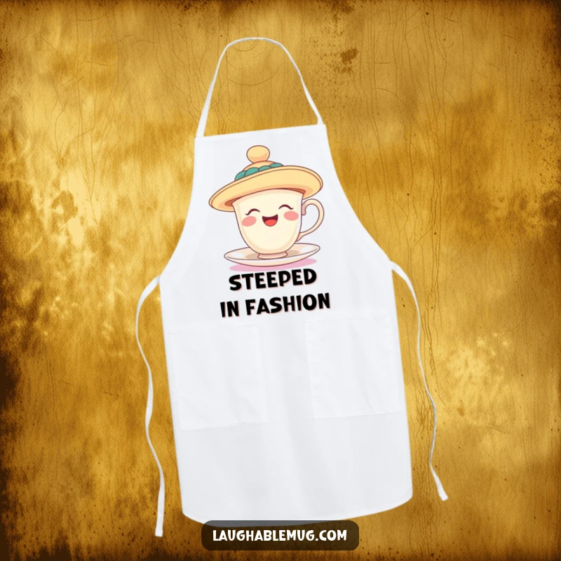 Funny apron featuring a laughing teacup wearing a ridiculously oversized, floppy hat, perfect for adding humor to cooking. A practical funny gift.