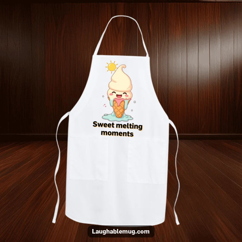 Funny apron featuring a melting ice cream cone character laughing joyously under the sun, perfect for cheerful summer baking.