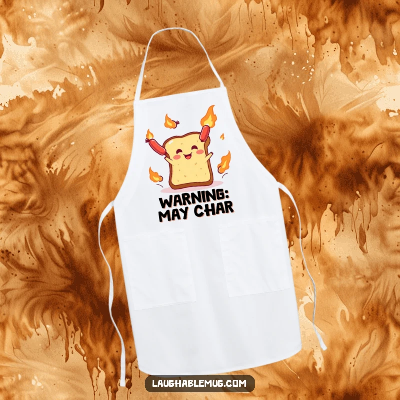 Funny apron: A determined slice of toast juggling flaming sausages, designed for chefs who cook with humor and flair.